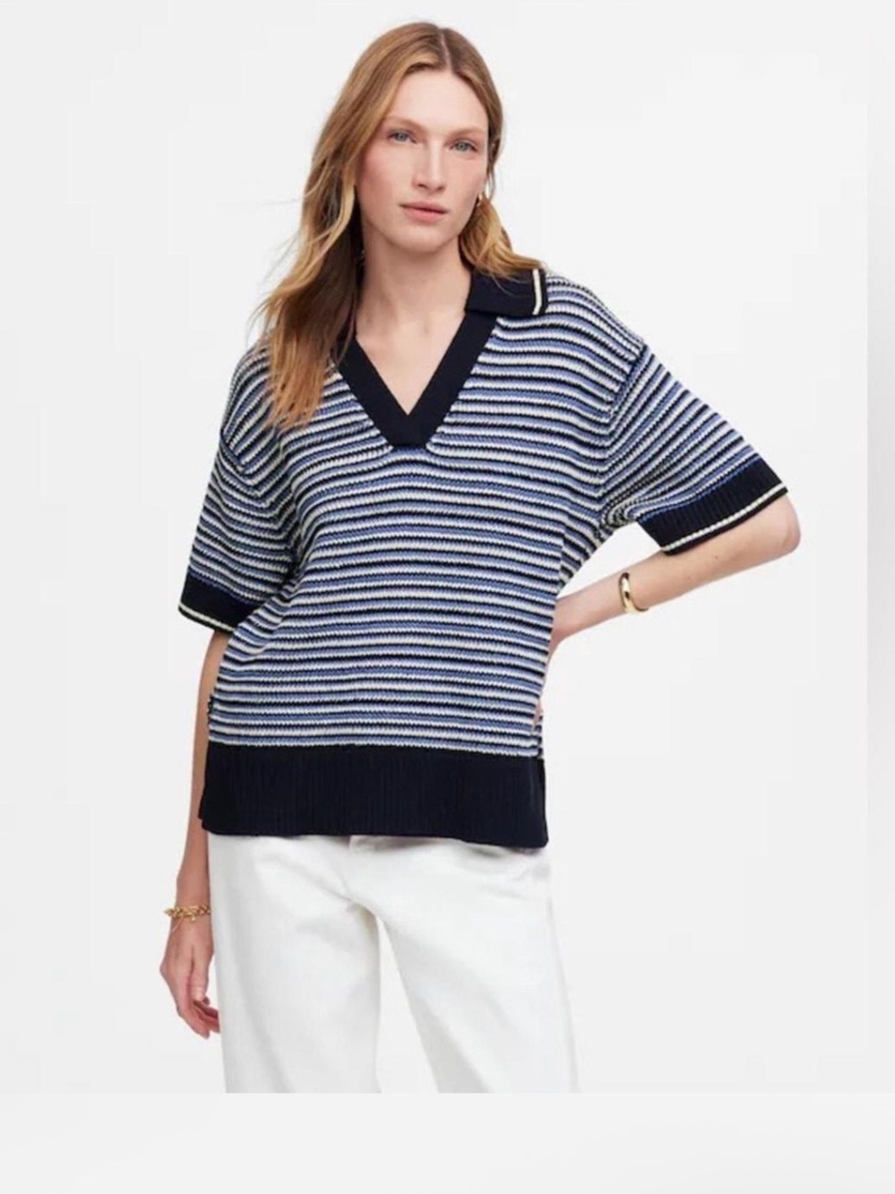 Madewell Striped Johnny Collar Navy and White V-Neck Short Sleeve Sweater Medium
